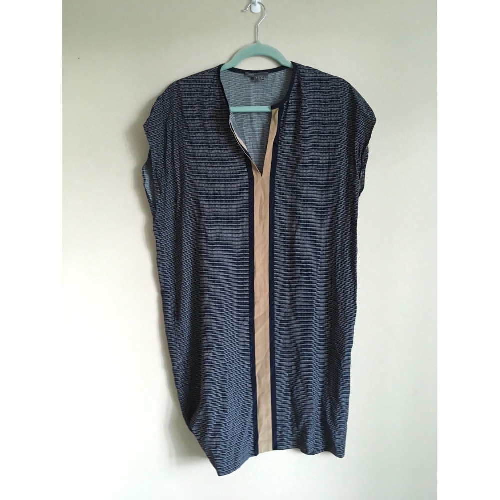 Vince Navy Blue 100 Silk Micro-Check Shift Dress Split Neck Pockets Small